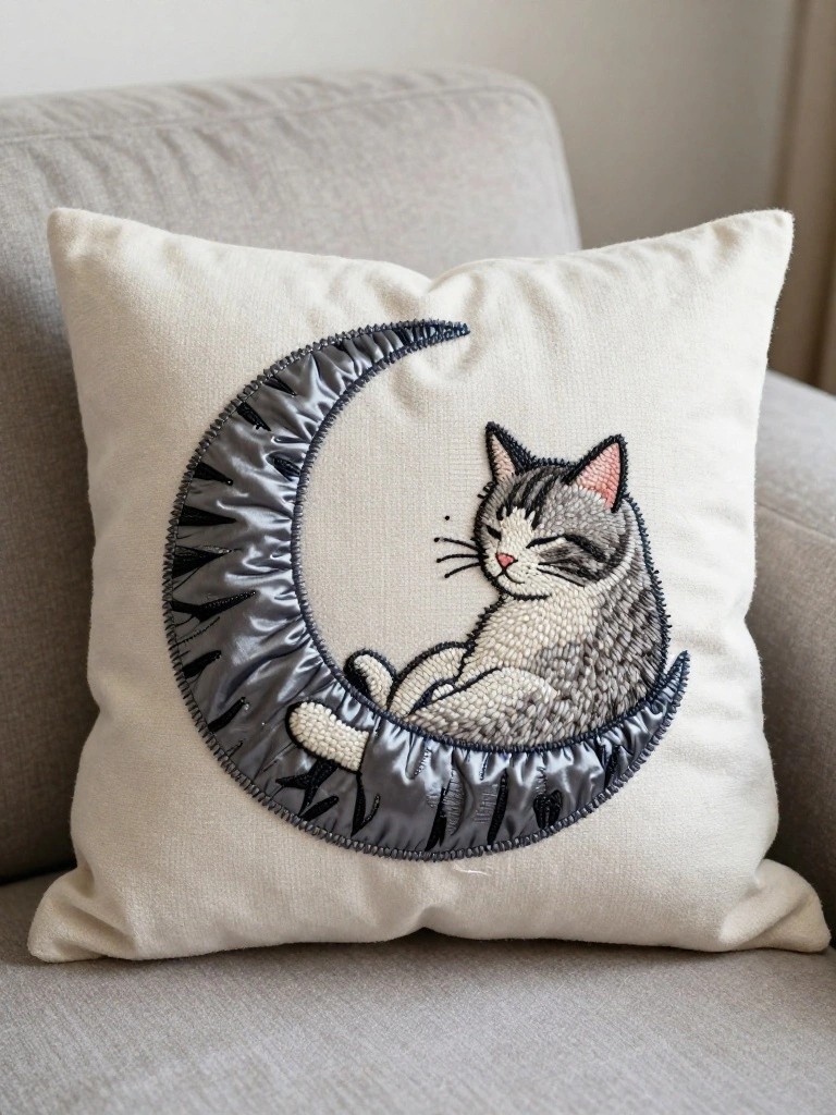 White pillow with embroidery of a sleeping gray tabby cat inside a shiny black crescent moon, on a gray couch.