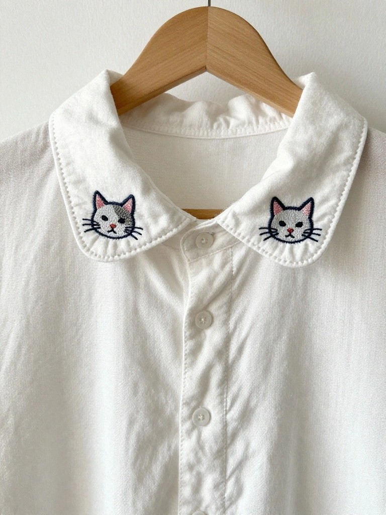 White collared shirt hanging on a wooden hanger, with two small embroidered cat faces in dark thread on the collar edges.