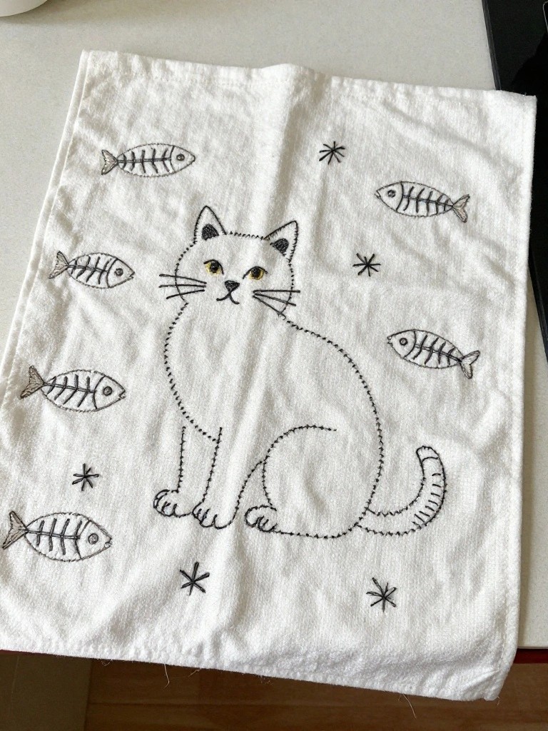 White rectangular tea towel embroidered in black with a sitting white cat, yellow eyes, surrounded by fish skeletons and stars.