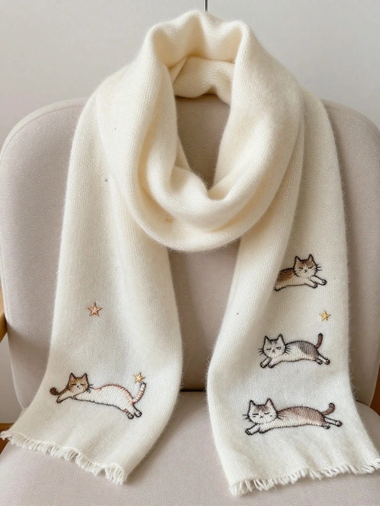 White fringed scarf embroidered with several cats in gray and white tones plus small stars, draped over a chair.