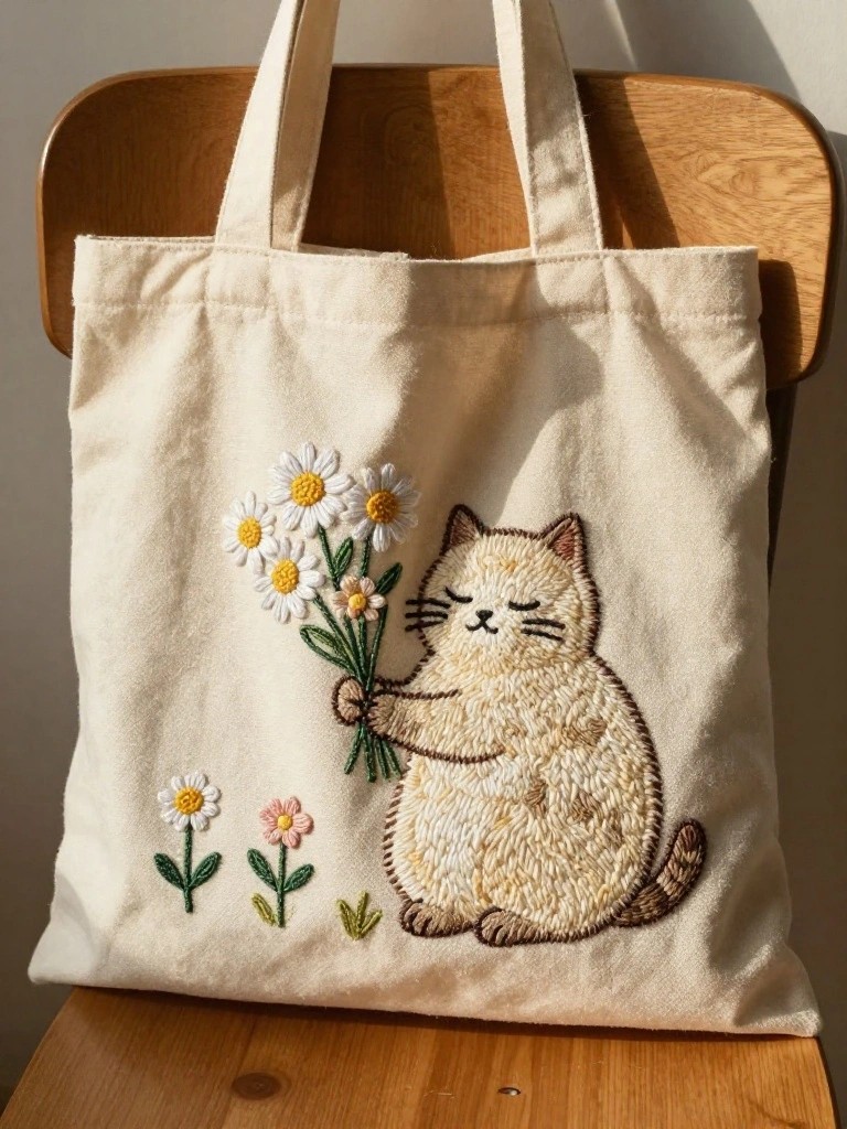 Beige canvas tote bag embroidered with a chubby white cat holding a bouquet of white daisies on the front.