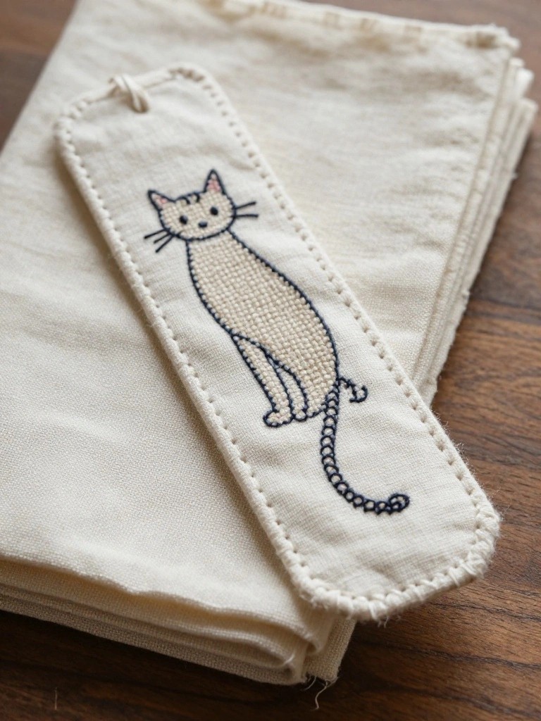 A rectangular cream fabric bookmark embroidered with a black outline of a sitting cat and curled tail, placed on a wooden surface next to folded white napkins.
