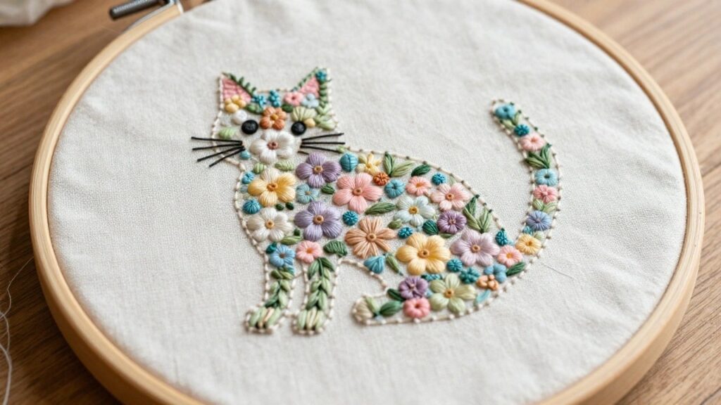 Embroidery hoop with a white-outlined cat silhouette filled with small multicolored flowers on white fabric.