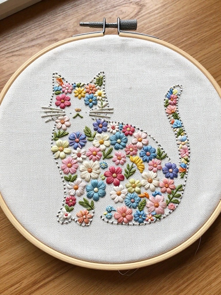 Embroidery hoop with a white-outlined cat silhouette filled with small multicolored flowers on white fabric.