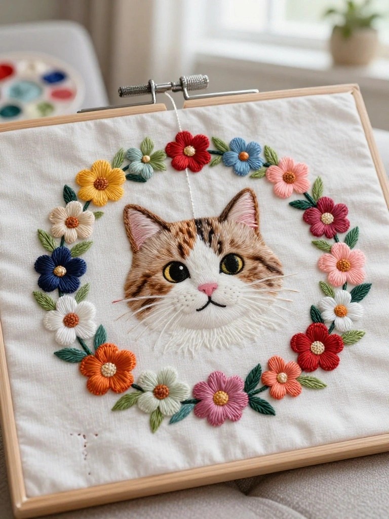 Square embroidery hoop with a realistic tabby cat face centered in a colorful flower wreath on white fabric.