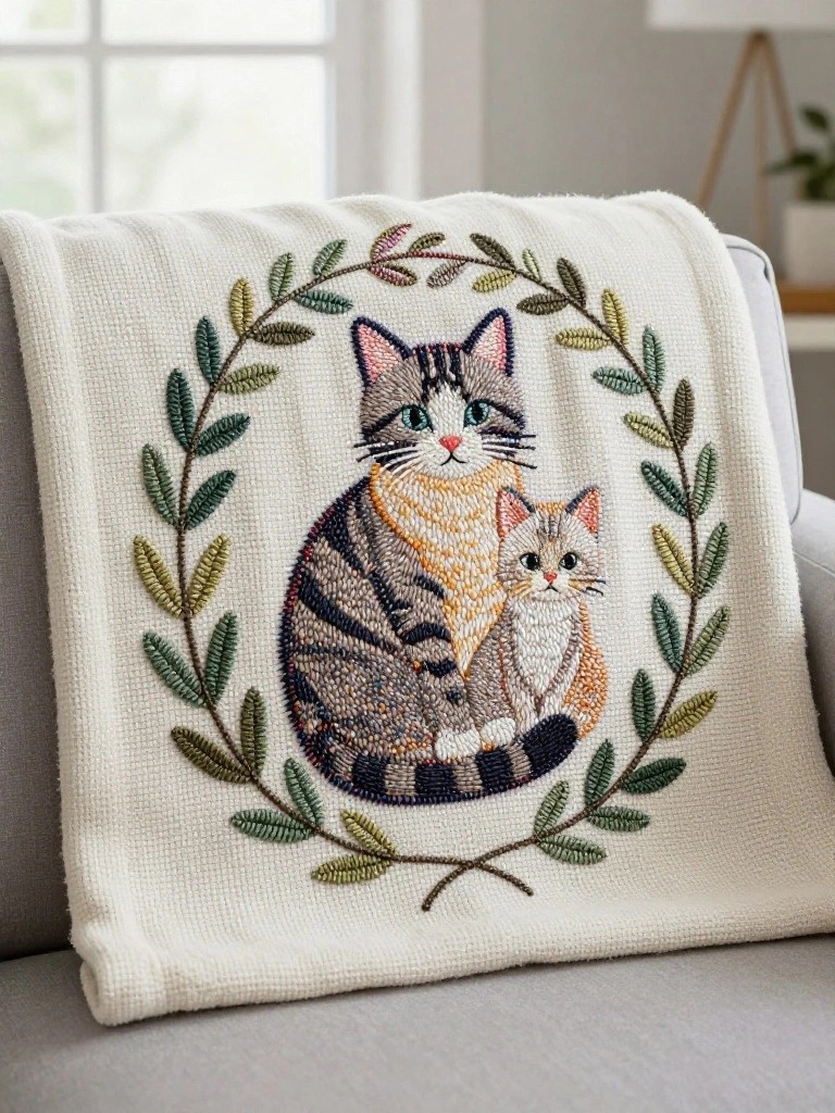 Embroidery of a gray tabby mother cat holding an orange kitten inside a green leafy wreath on a white blanket.