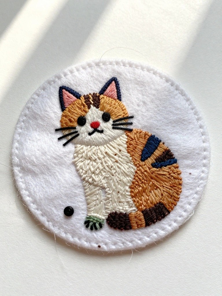 Circular white felt embroidery patch featuring a sitting calico cat with orange, white, black fur, blue accents, big eyes, and red nose.