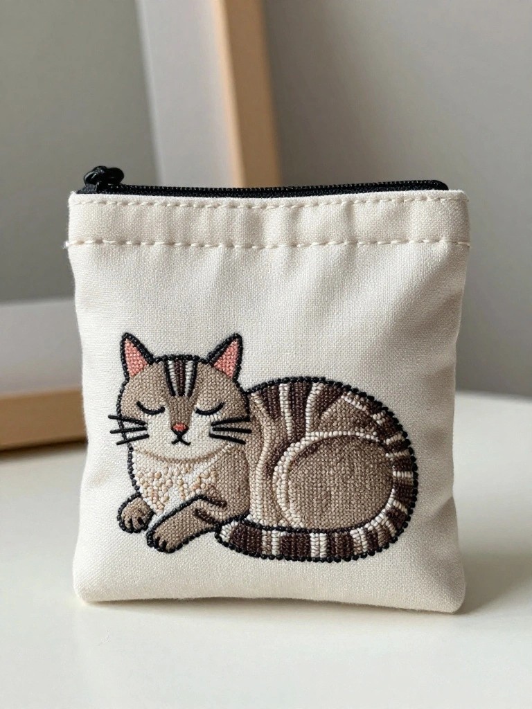 White zippered cotton pouch with embroidered brown tabby cat curled asleep on the front.
