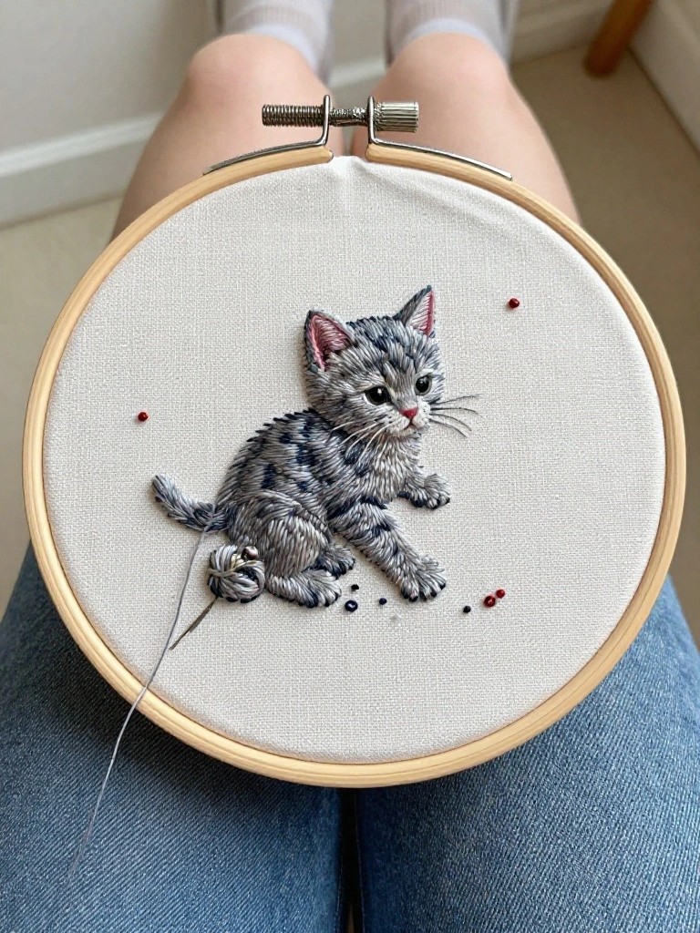 Embroidery hoop on white fabric with a small gray tabby kitten pawing at red beads and a thread dangling from its paw.