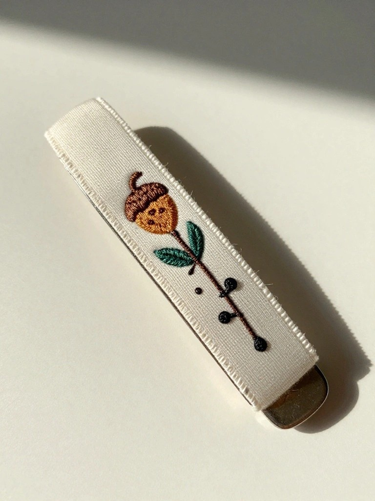 White satin ribbon bookmark with metal clip embroidered with orange acorn, green leaves, and black stem dots.