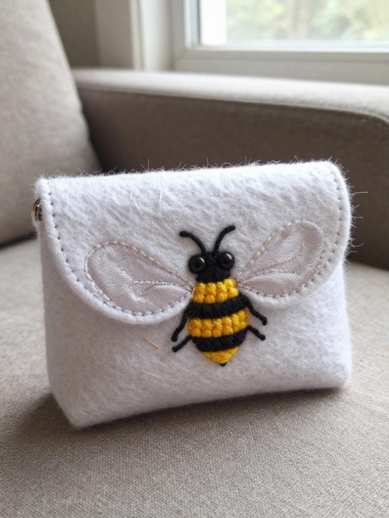 White felt zip pouch with yellow-and-black embroidered bee on the front flap, placed on a beige couch.