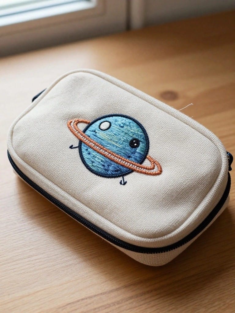 White canvas zipper pouch with blue cartoon planet embroidery featuring orange rings, eyes, and legs, sitting on a wooden table by a window.