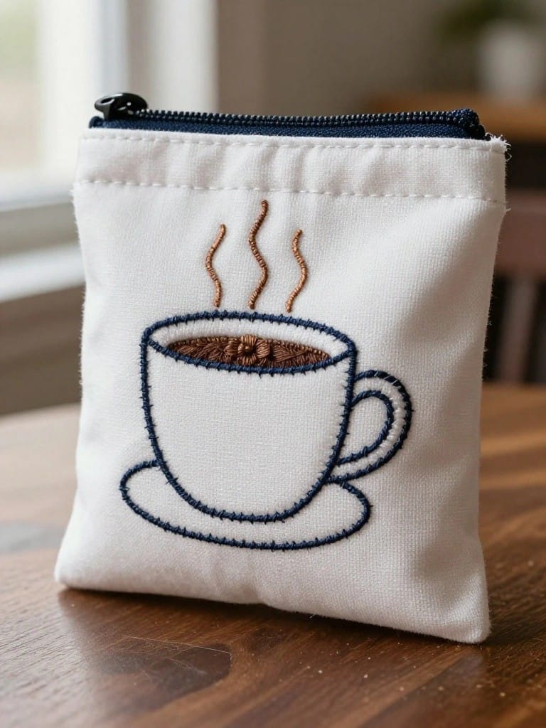 Small white zippered fabric pouch with embroidery of a blue-outlined white coffee cup, brown coffee and steam, and blue saucer.