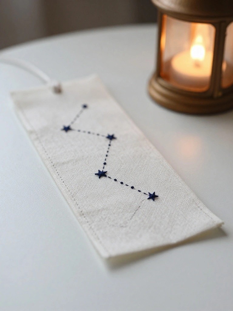 White fabric bookmark embroidered with dark blue stars and lines forming a constellation, lying on a table beside a gold lantern with a lit candle.
