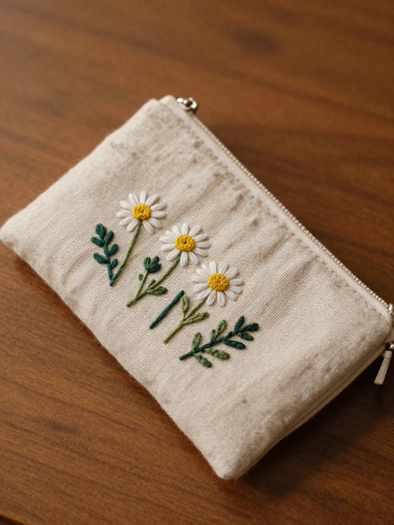 Beige zippered fabric pouch embroidered with three small daisies, stems, and leaves in white, yellow, and green threads.