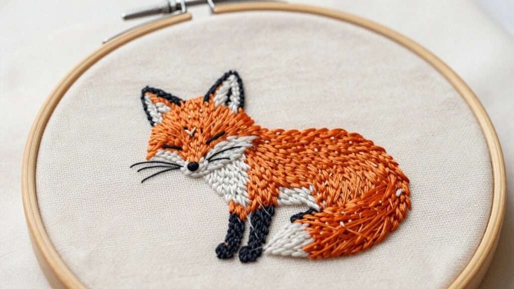 Embroidery hoop featuring a small sitting fox with orange fur, white accents, and black outlines on white fabric.