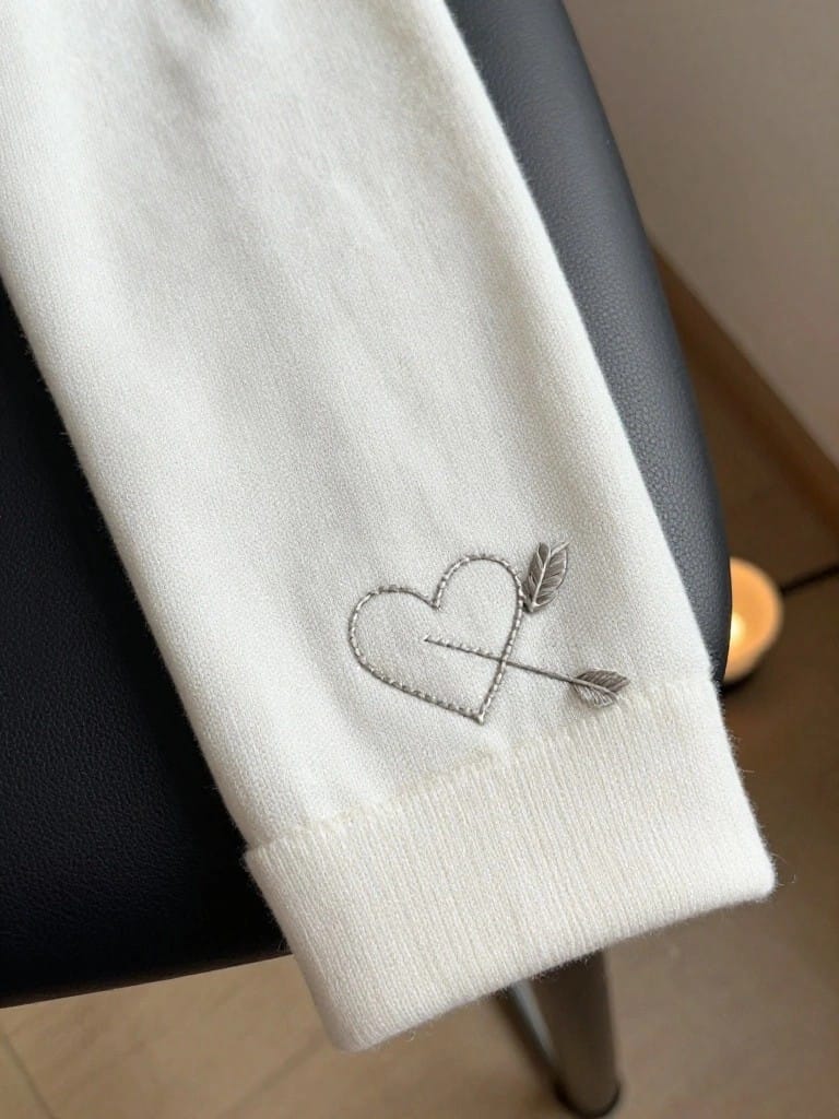 White knit pants cuff embroidered with a small gray-outlined heart pierced by an arrow and a nearby leaf, draped over a black chair arm.