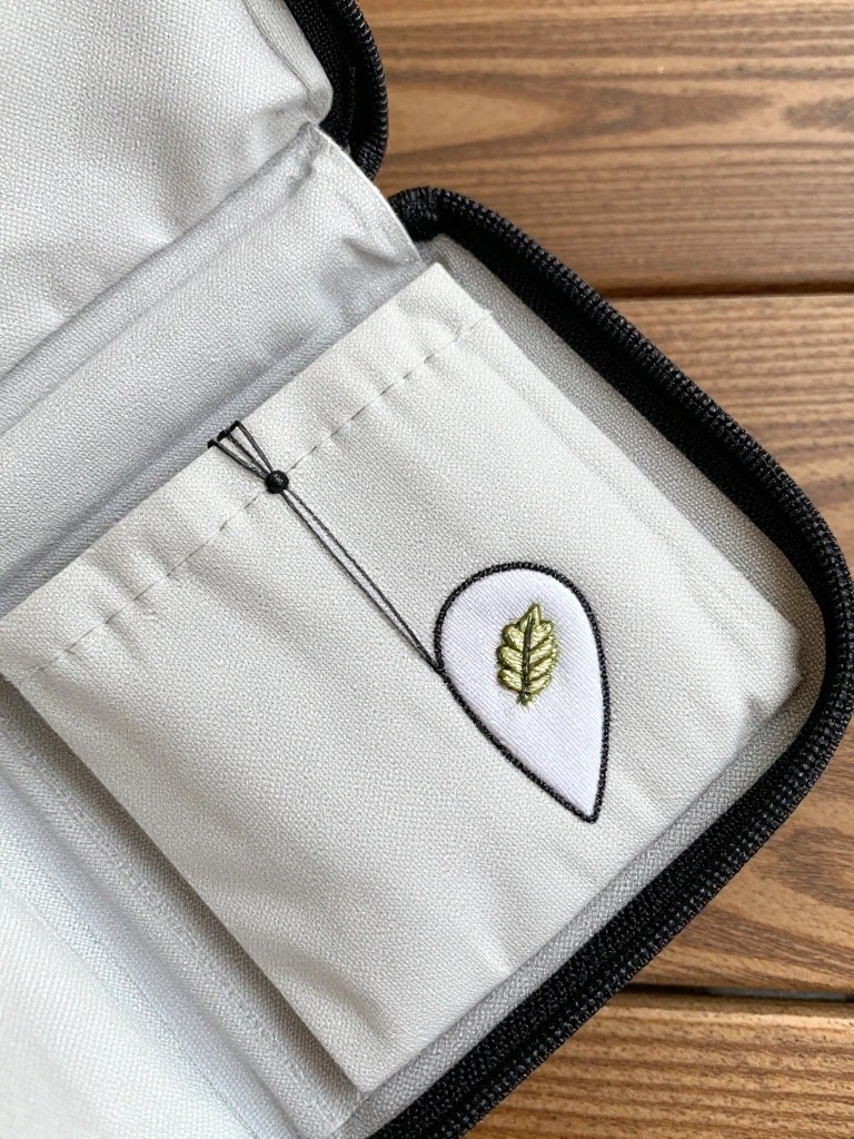 Open black zippered bag on wood surface shows white interior pocket with green embroidered leaf and stem.