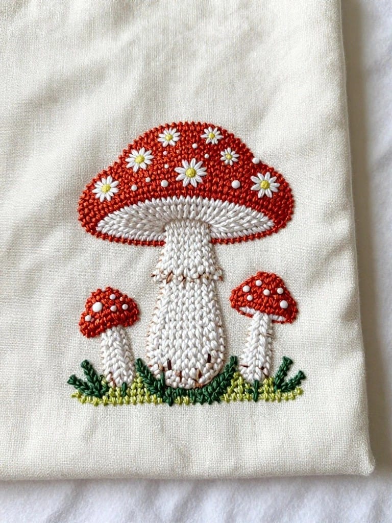 White fabric pouch with embroidery of three red-capped white-stemmed mushrooms with white spots and green grass at the base.