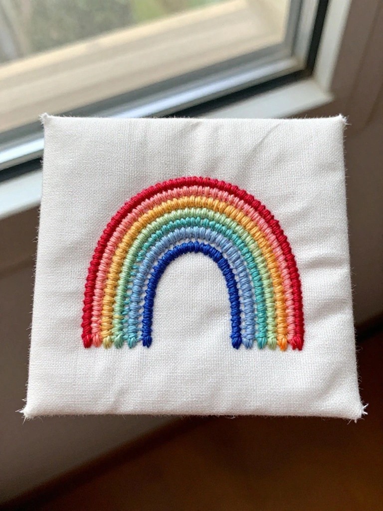 Small white fabric square with a multicolored embroidered rainbow arch centered on it.