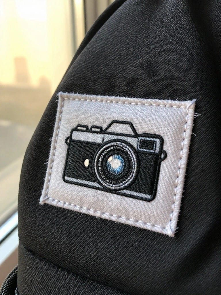 Black drawstring bag with a white fabric patch embroidered in black and blue showing a retro camera design.