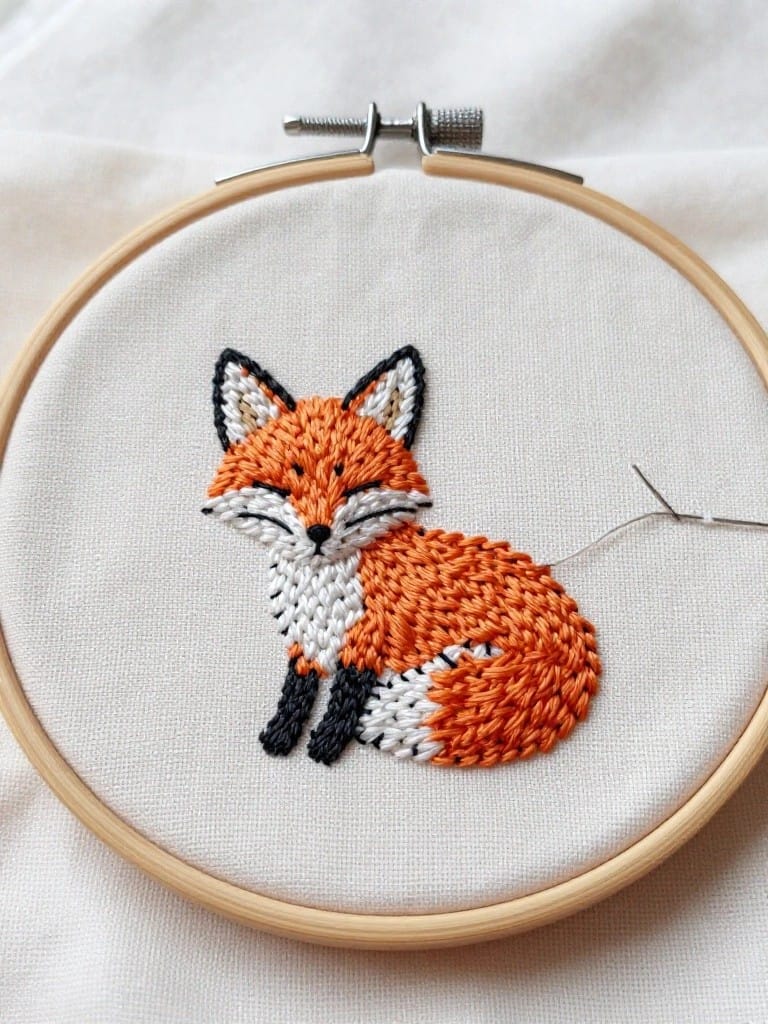 Embroidery hoop featuring a small sitting fox with orange fur, white accents, and black outlines on white fabric.