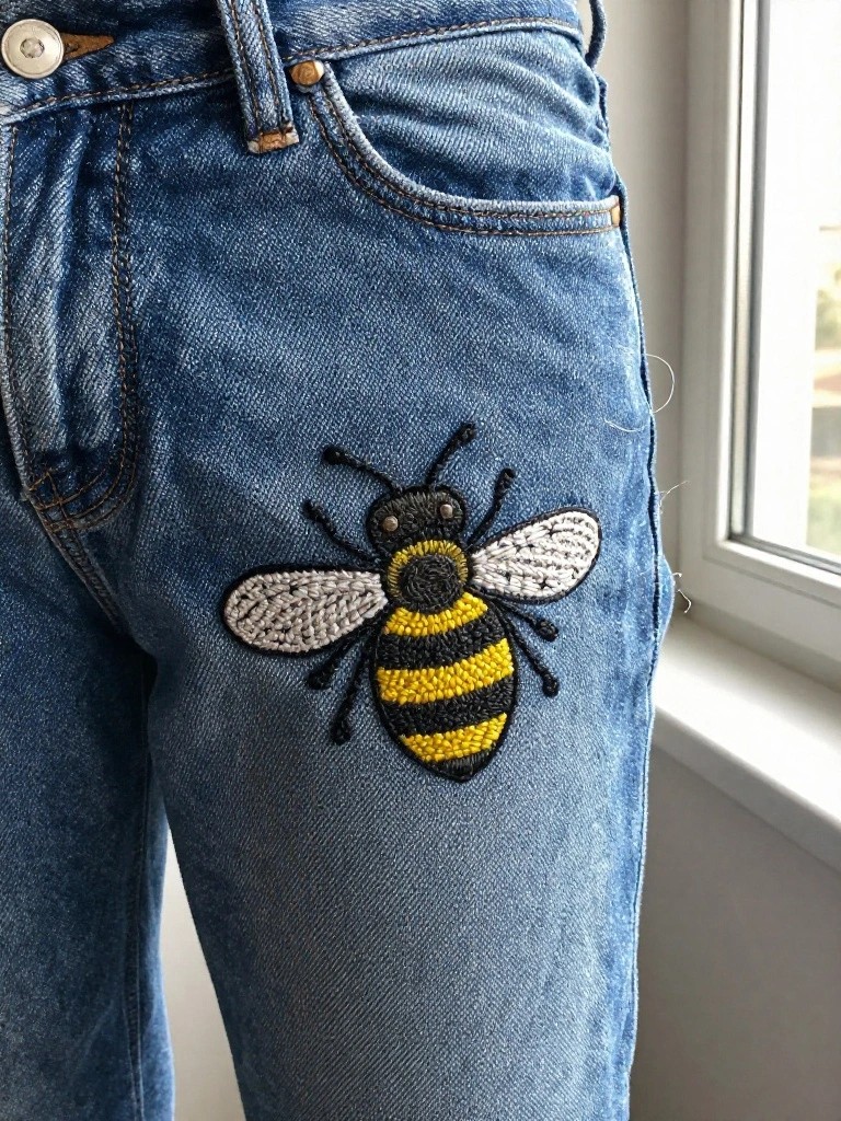 Blue jeans with a detailed black, yellow, and white embroidered bee on the upper right thigh near the pocket.