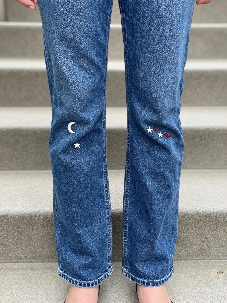 Blue straight-leg jeans with white embroidered crescent moon and stars on one upper thigh and white stars plus one red star on the other upper thigh, posed on concrete steps.