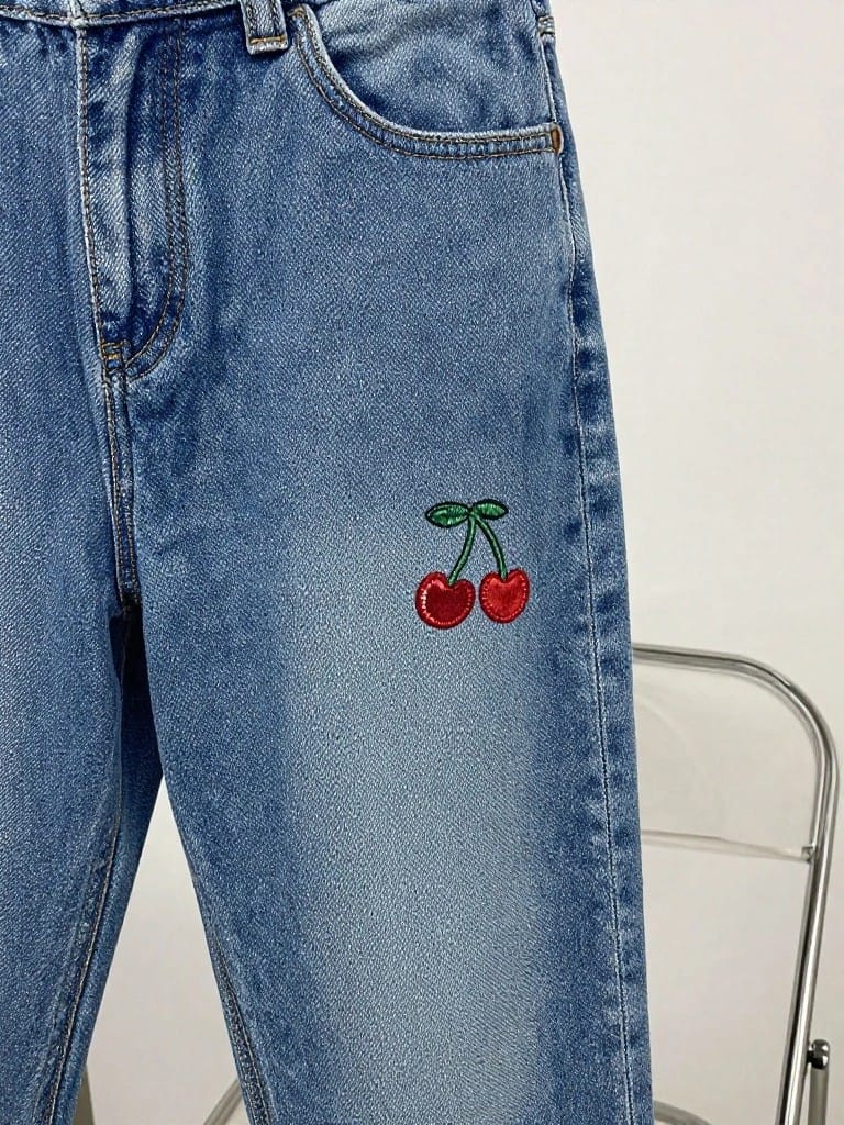 Light blue jeans with red embroidered cherries, green stems, and leaves on the right leg above the knee.