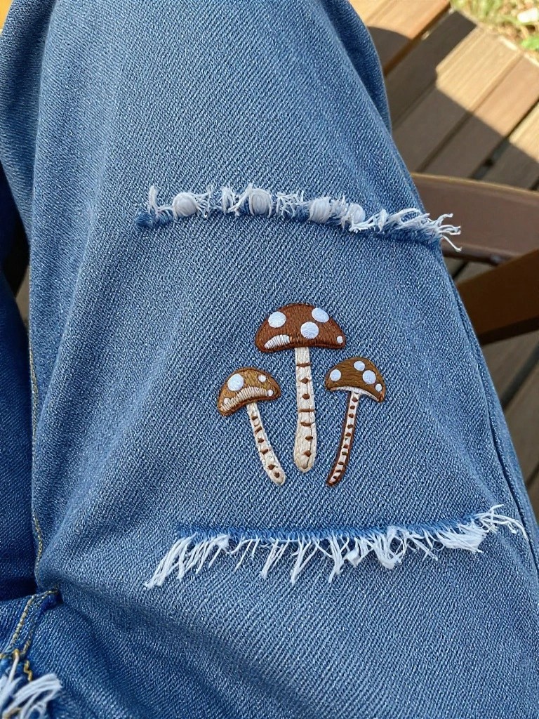 Blue distressed jeans with a cluster of three embroidered brown-capped mushrooms with white spots on the knee near rips.