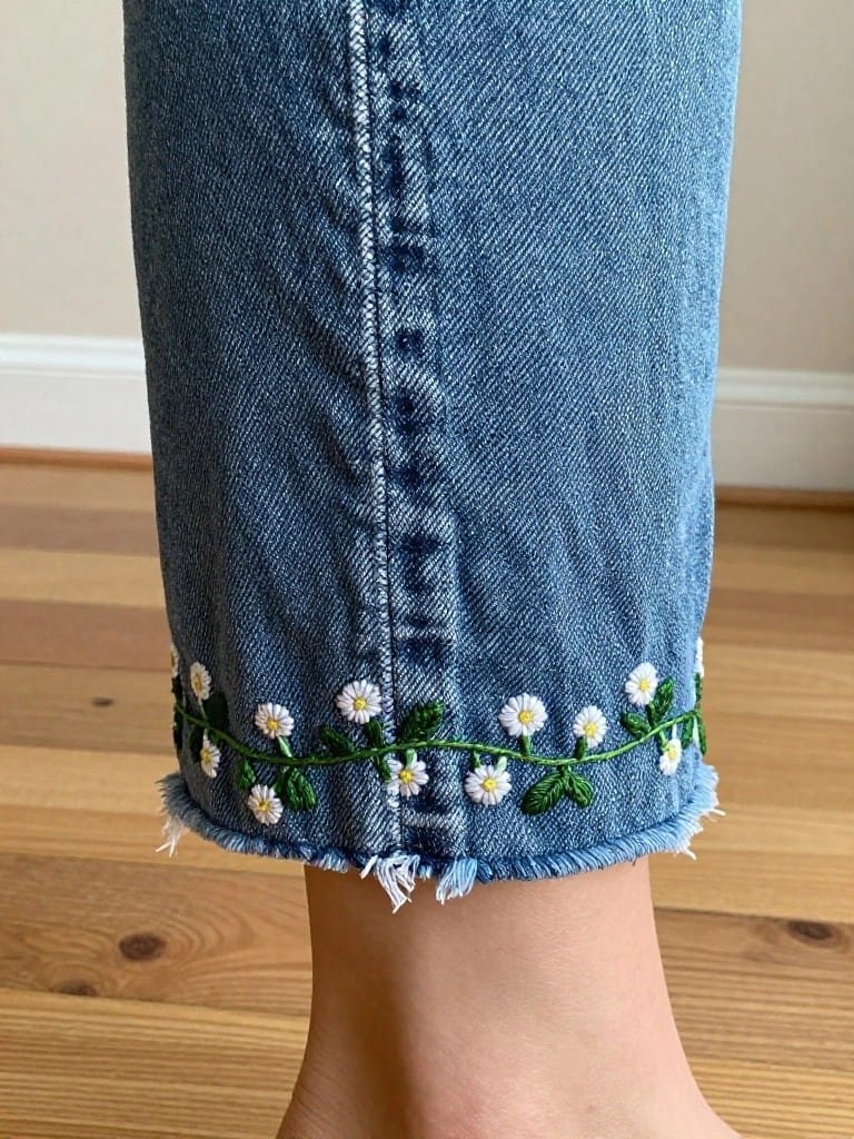 Blue jeans hem with white embroidered daisies and green leaves along the frayed edge.