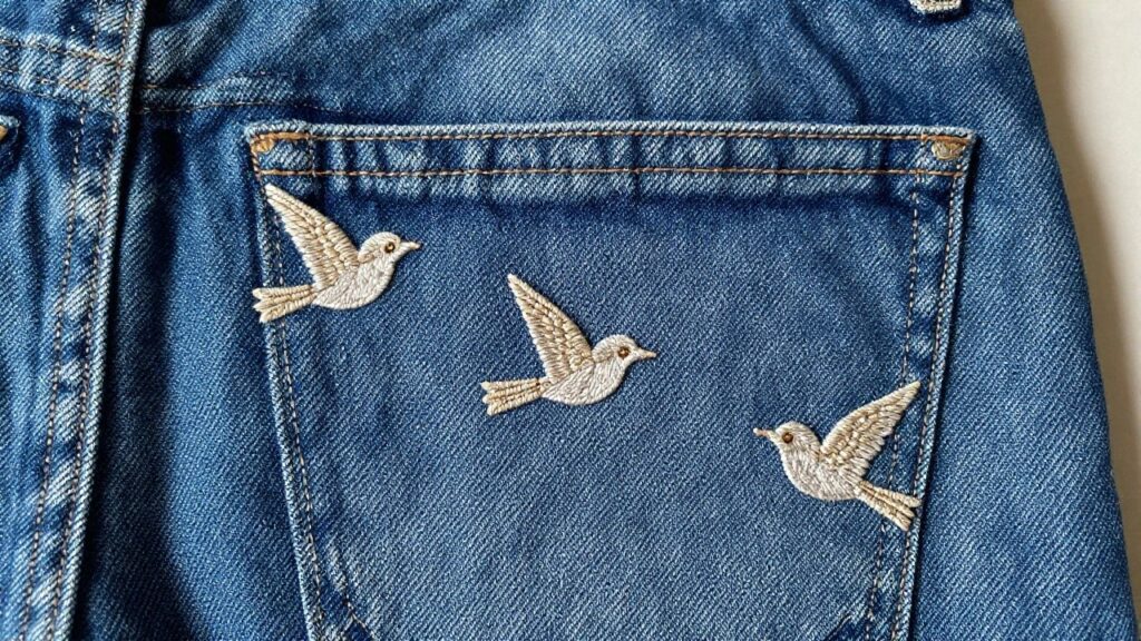 Blue jeans pocket with three small embroidered white birds flying upward along the edge.