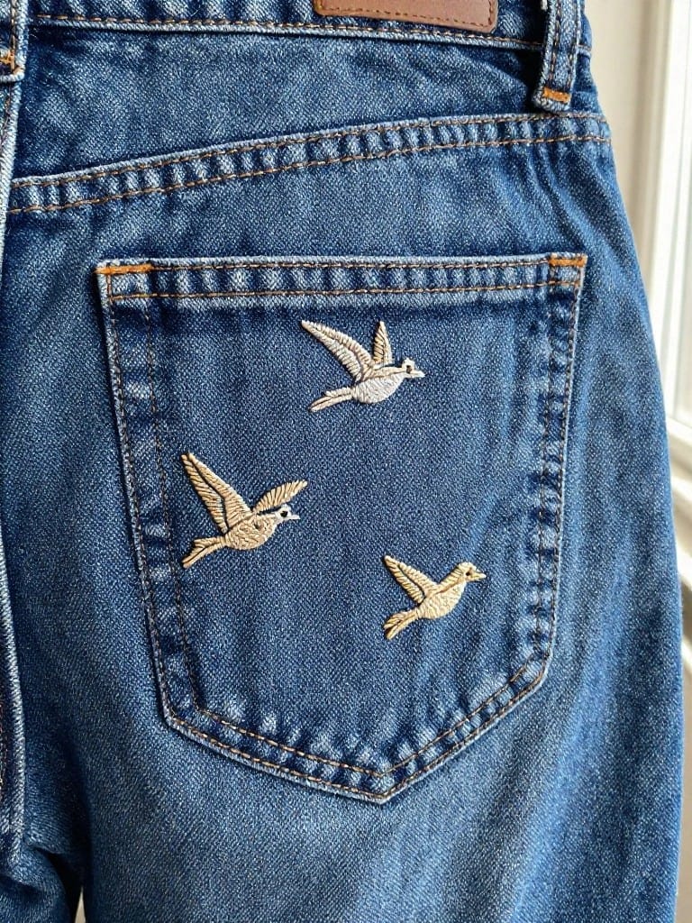 Blue jeans pocket with three small embroidered white birds flying upward along the edge.