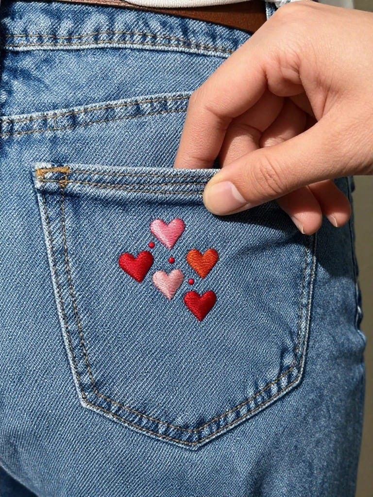 Blue jeans back pocket with five small embroidered pink and red hearts clustered on the flap edge, hand touching the pocket.