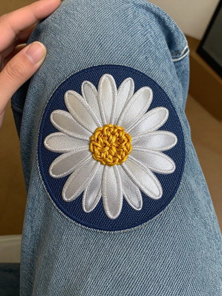 White daisy embroidery with yellow center and navy border sewn as a circular patch on light blue jeans thigh.