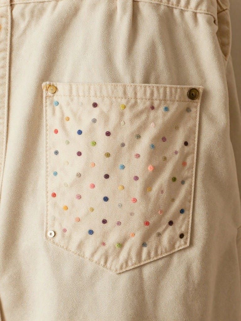 Beige jeans pocket with scattered embroidery dots in multiple colors like pink, blue, purple, and yellow.