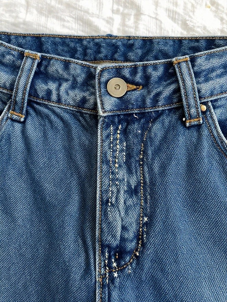 Close-up of blue jeans fly and pocket area with thin gold embroidery lines along seams and edges.
