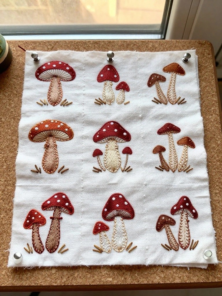 White fabric square with nine embroidered mushrooms arranged in a 3x3 grid pinned to a corkboard.