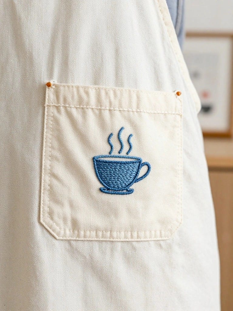 White apron pocket embroidered with a blue coffee cup and rising steam lines.