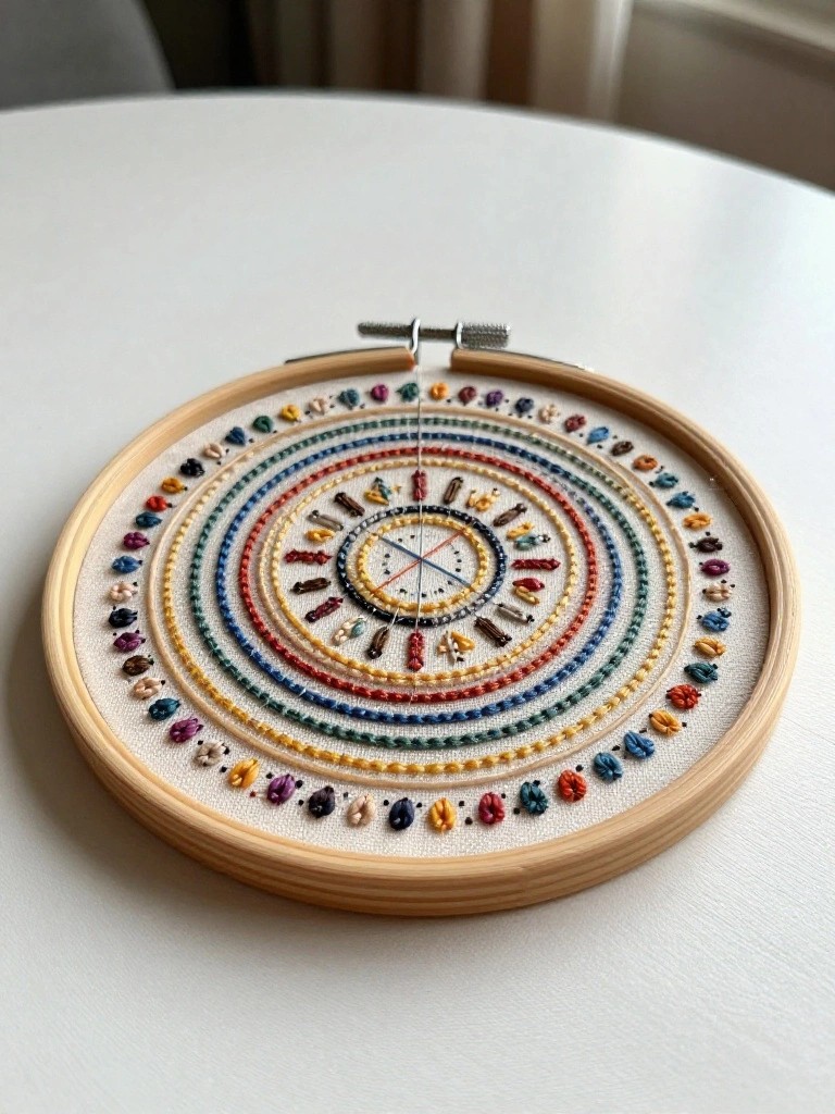 Embroidery hoop featuring concentric circles of multicolored bead-like stitches arranged radially around a central cross on white fabric.