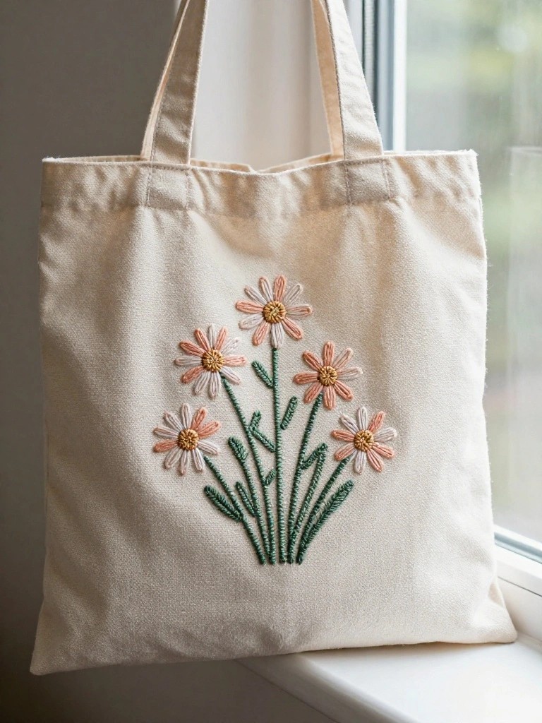 Beige canvas tote bag with embroidered cluster of pink and peach daisies and green stems on the front.