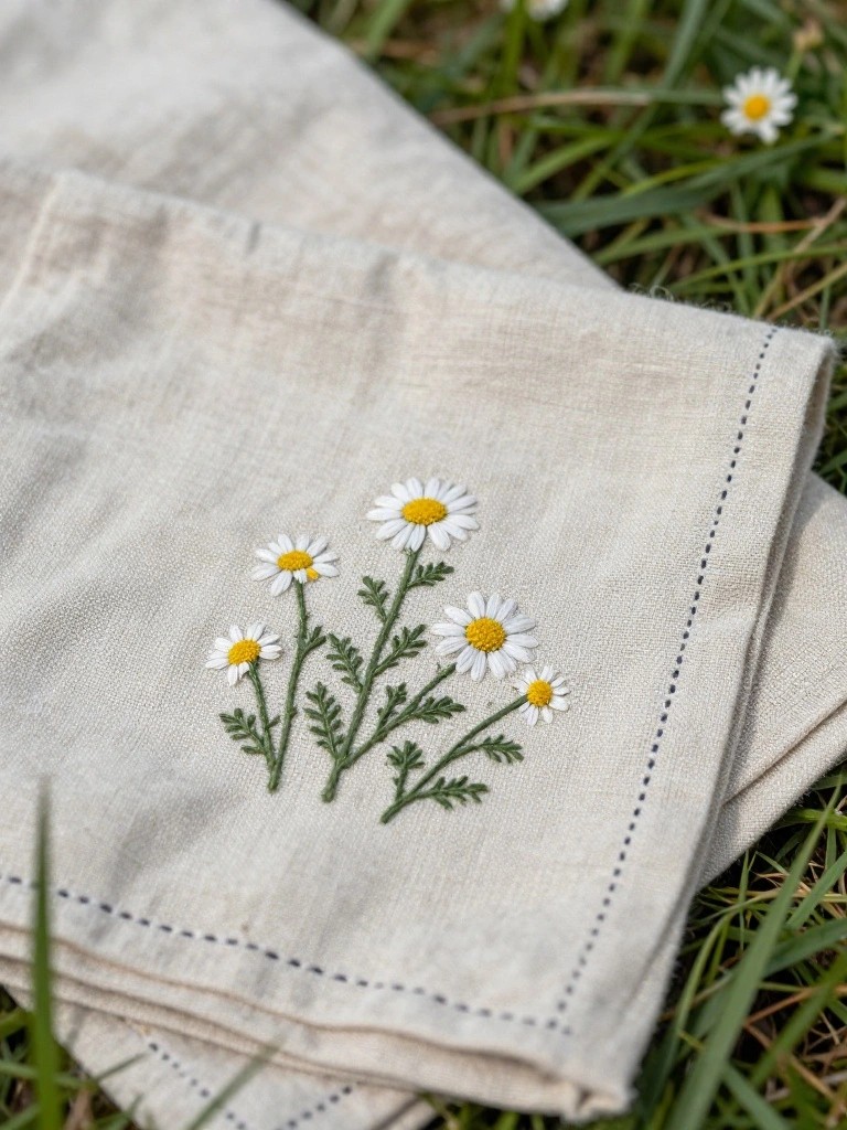 Two beige linen napkins embroidered with clusters of small white daisies, green stems, and leaves lie folded on green grass.
