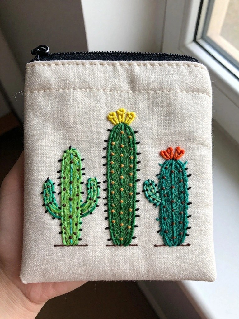 Beige zippered canvas pouch embroidered with three green cacti of varying heights topped by yellow and orange flowers.