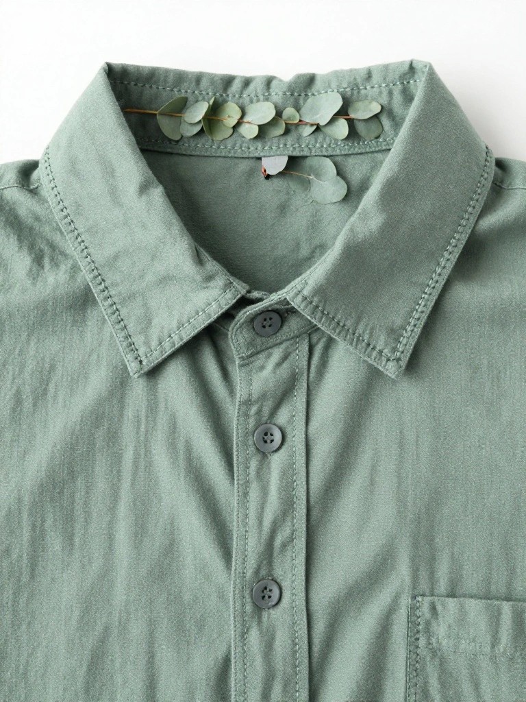 Close-up of a light green men's shirt collar embroidered with small clusters of green eucalyptus leaves along the inner edge.