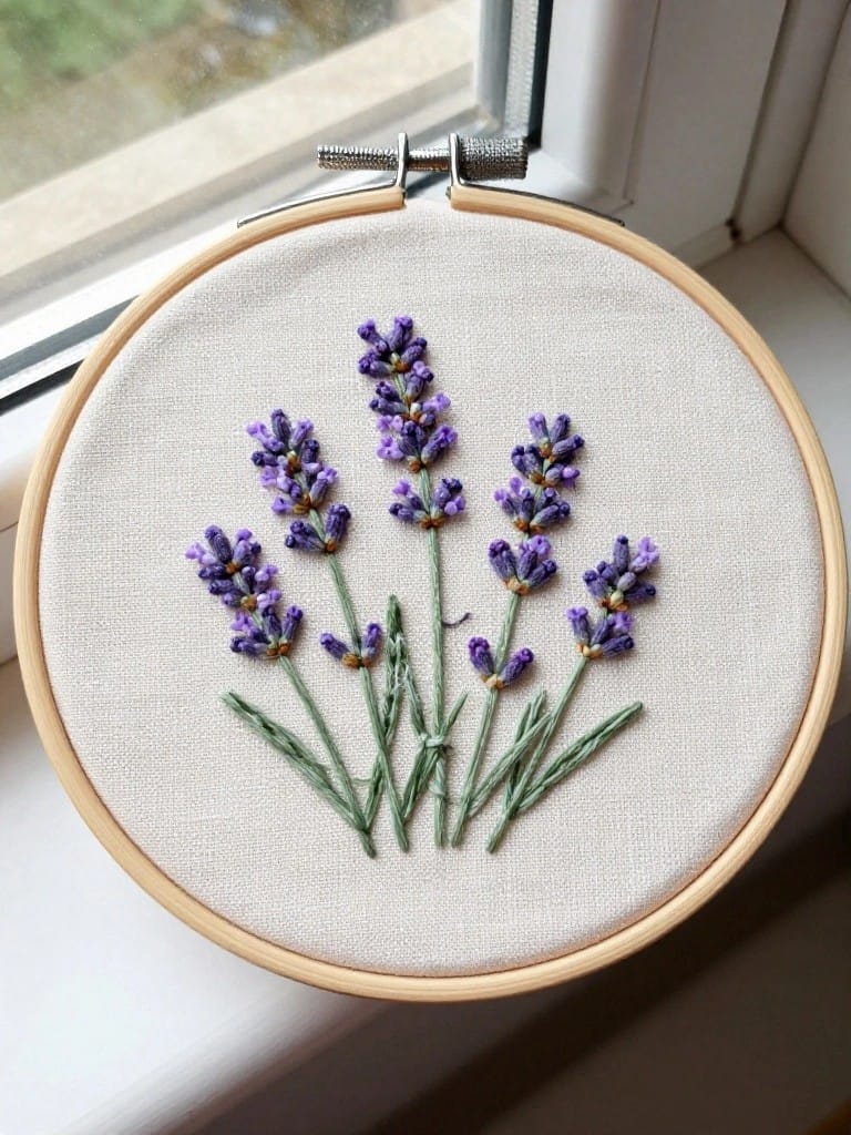 Embroidery hoop filled with purple lavender stems and green stalks on beige fabric.