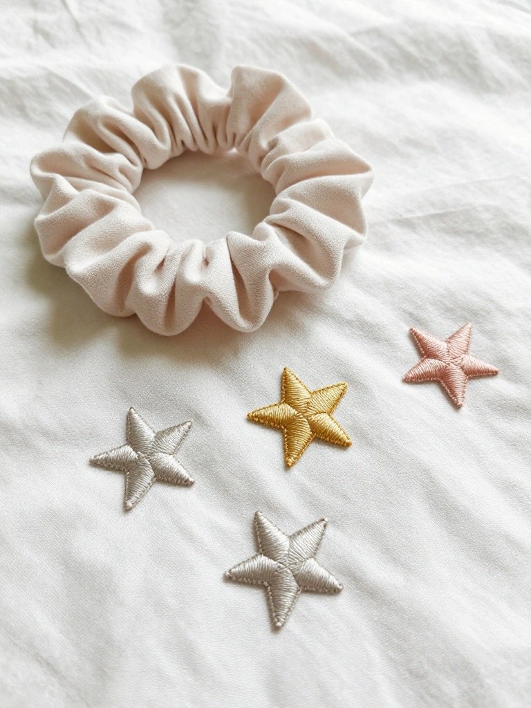 A pale scrunchie sits on white fabric next to four small embroidered star patches in silver, gold, and pink threads.