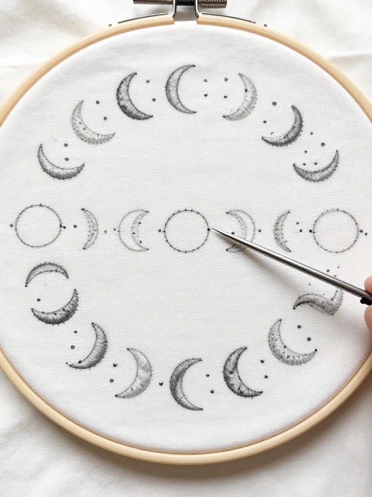 Embroidery hoop with gray outline-stitched moon phases arranged in a circle around the edge and a straight line across the center on white fabric, needle inserted in the design.