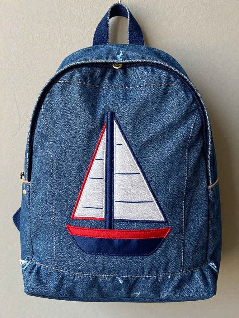 Small blue denim backpack with embroidered red-hulled sailboat featuring white sails on the front panel.