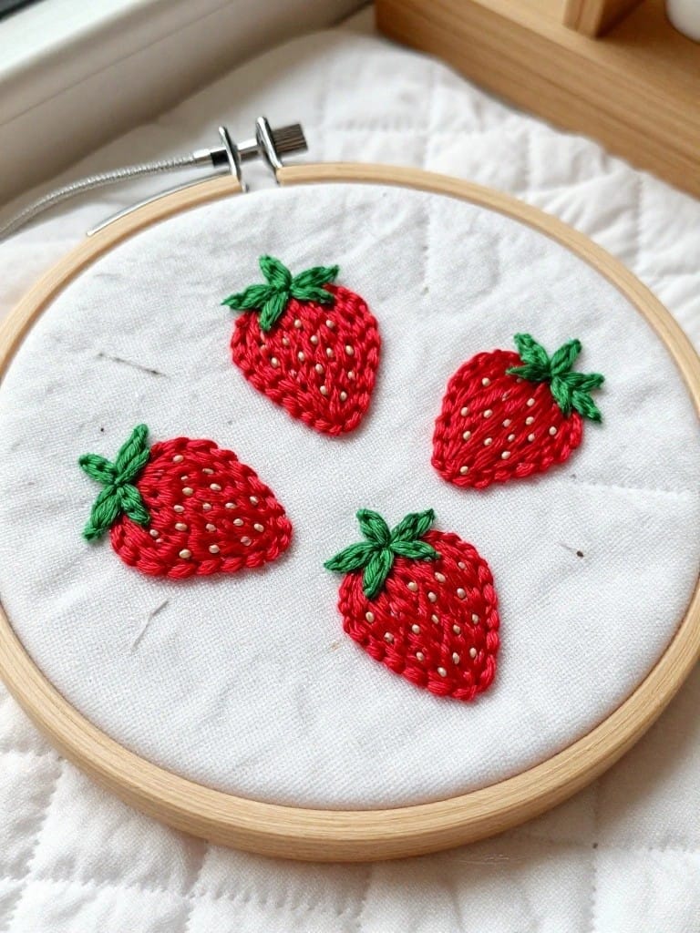 Embroidery hoop holding white fabric with four small embroidered red strawberries and green leaves pinned in place.