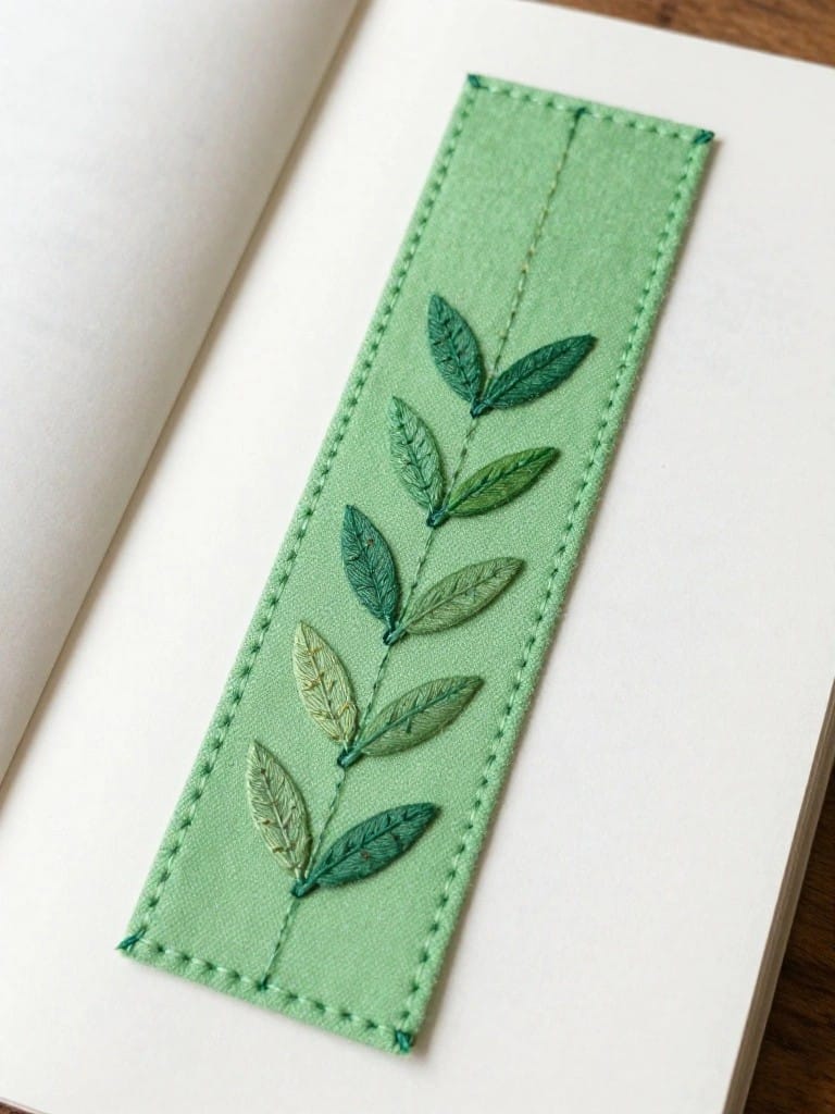 Green felt bookmark with embroidered leaves in shades of green stitched vertically along the center, inserted into an open white book.